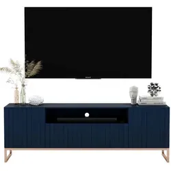 Meble Lindner TV-Schrank Elpis 2, Blau, Holzwerkstoff, 6 Fächer, 150x51.5x36.5 cm - Elegantes TV-Board Elpis 2 im modernen Glamour-Stil mit viel Stauraum und praktischem „Push-to-Open“-System. Ideal für Wohnzimmer, vereint Funktionalität und Design.