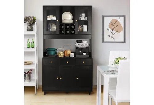 VOWNER Küchenbuffet Vitrine, Mehrzweckschrank mit 5 Türen in Schwarz - Vielseitiger Aufbewahrungsschrank mit elegantem Design für Schlafzimmer, Wohnzimmer oder Küche. Bietet großen Stauraum mit flexiblen Einlegeböden und transparenter Tür für stilvolle Präsentation.
