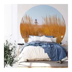 K&L Wall Art Fototapete Fototapete Leuchtturm Strand Schilf Vliestapete Rund Wohnzimmertapete, Strandfeld Tapete blau 2.84 m x 2.84 m