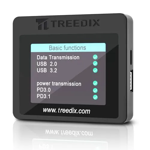 Treedix USB-Kabeltester mit 2,4-Zoll-Farbdisplay - Multimeter für USB-Kabeltests, bietet präzise Messungen von Ladeeffizienz und Datenübertragung, unterstützt alle USB-Standards und eMarker-Chip-Auslesung für optimale Kabelnutzung.