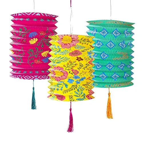 Talking Tables 3x Boho Chinesische Papierlaternen mit Quasten | Rosa, Gelb & Blau Hängedekoration Geburtstag, Gartenparty & Mexikanische Fiesta