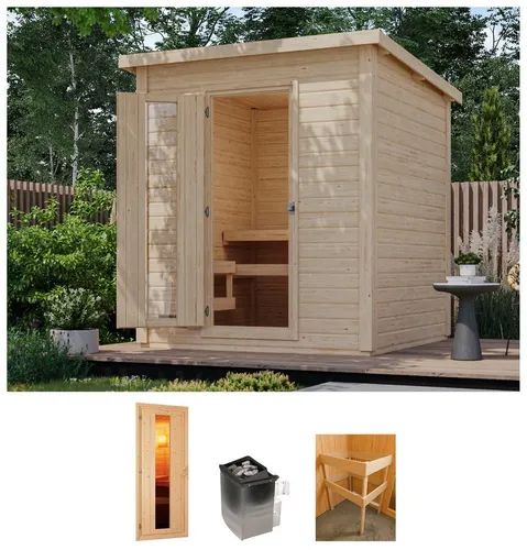 Saunahaus KARIBU "Talo 2" mit 9 kW Ofen - Genießen Sie entspannende Wellnessstunden im eigenen Garten! Das Saunahaus aus 38 mm starken Wandbrettern bietet Platz für bis zu 4 Personen und überzeugt mit integrierter Steuerung für den Saunaofen.