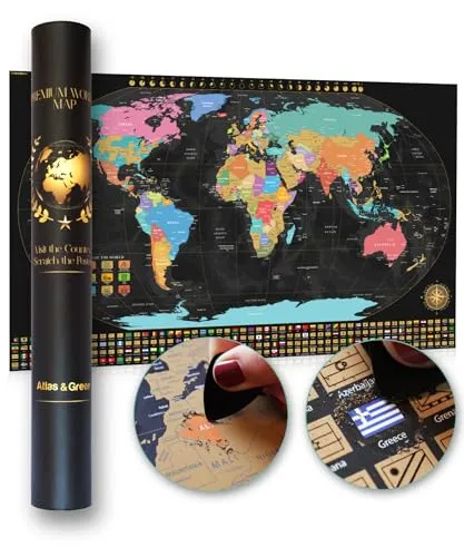 Atlas & Green Rubbel-Weltkarte mit allen US-Bundesstaaten und Flaggen der Welt. Groß (71,1 x 41,9 cm). Rubbelkarte mit Orten, an denen ich gewesen bin. Weltreiseposter mit Zubehör und Geschenkröhre.
