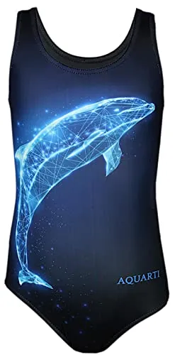 Aquarti Mädchen Badeanzug mit Ringerrücken - Kinder-Bademode mit stylischem Delfin-Print in Blau/Schwarz, ideal für den Schwimmunterricht oder Poolbesuche, bequemes Material für optimale Bewegungsfreiheit.