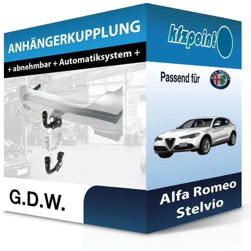 Alfa Romeo Stelvio Typ 949 Anhängerkupplung abnehmbar von G.D.W. - Anhängerkupplung für Alfa Romeo Stelvio, abnehmbar und TÜV-frei. Hohe Anhängelast von 2300 kg und einfache Montage. Ideal für vielseitige Nutzung ohne Eintragung in Fahrzeugpapiere.