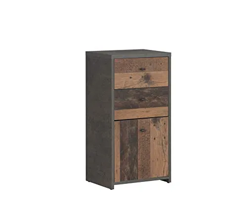 FORTE Best Chest Kommode im Vintage-Industrial Look - Kommode aus Holzwerkstoff mit 1 Tür und 2 Schubladen, ideal für stilvolle Aufbewahrung. Pflegeleichte Oberfläche und langlebige Metalllaufleisten bieten Funktionalität und Design.