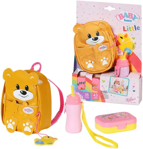 Baby Born Puppen Rucksack Kindergarten Rucksack Set - Puppenrucksack in Bärenform mit Brotdose und Trinkflasche, ideal für kleine Kindergarten-Abenteuer und kreatives Spielen.