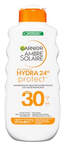 Garnier Ambre Solaire Hydra Protect+ 24h Sonnenschutz-Milch LSF 30 - Schutz mit LSF 30 für Gesicht & Körper, bietet 24h Feuchtigkeit und ist wasserfest. Die leichte Textur zieht schnell ein und sorgt für ein geschmeidiges Hautgefühl.