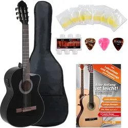 GEWA Student Elektro 4/4 Konzertgitarre Schwarz Starter Set - Gitarren Starter Set mit Cutaway, Fichten-Decke und hochwertigem Zubehör. Ideal für Einsteiger, inklusive Stimmgerät und Stegpiezo-Tonabnehmer für besten Klang.