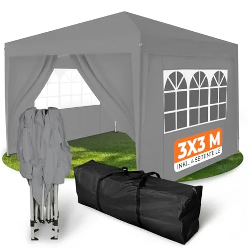 Kronenburg Faltpavillon 3x3 m wasserdicht mit UV Schutz 50+ - Stabiler Faltpavillon in Grau, schnell aufbaubar ohne Werkzeug. 100% wasserdicht und mit UV-Schutz 50+ ideal für Gartenpartys, Märkte und Festivals. Inklusive 4 Seitenteilen und praktischer Transporttasche.