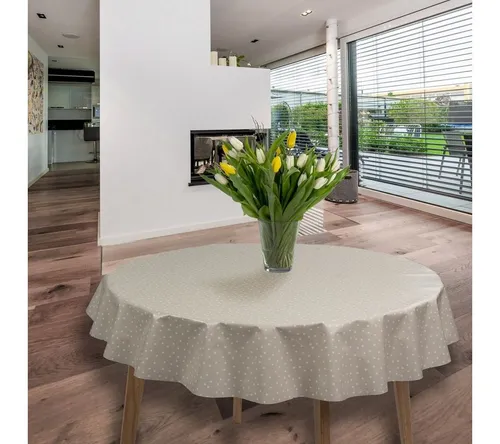 laro Rund 140 cm Wachstuchtischdecke Tischdecke Abwaschbar PVC Punkte Beige Weiß Rund 140cm, Muster:Punkte Beige Weiß, Größe: Rund 140cm