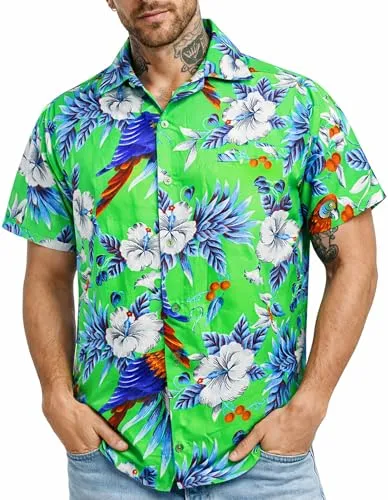 King Kameha Funky Hawaii-Hemd, Herren, Kurzarm, Cherry-Parrot, Grün, 4XL - Herrenhemden mit hervorragender Texturqualität - Ideal für heiße Tage, knitterfrei und schnell trocknend. Perfekt für Feste, Urlaub und Themenpartys.