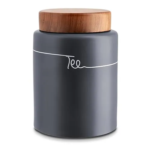 KHG Tee Vorratsdose luftdicht Keramik Steingut poliert, Tee Aufbewahrung Anthrazit Grau Holz-Deckel Bambus, Teedose rund, Kapazität 1 Liter