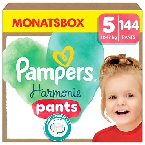 Pampers Harmonie Pants Größe 5 - Windeln für 12kg-17kg, dermatologisch getestet, aus pflanzenbasierten Materialien, 0% Lotion und Parfüm, bieten bis zu 12 Stunden Trockenheit und 360° Komfort-Fit.