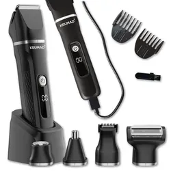 KRUMAD Haarschneidemaschine 6-in-1 IPX7 – Multifunktionales Grooming-Set für Herren - Die KRUMAD Haarschneidemaschine 6-in-1 IPX7 vereint Barttrimmer, Elektrorasierer und Nasenhaartrimmer in einem kompakten Gerät. Mit 120 Minuten Laufzeit und wasserdichtem Design für sichere Pflege und einfachen Einsatz.