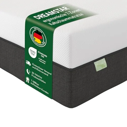 DREAMSTAR Sky Flex Kaltschaummatratze mit Gelauflage 90x200 cm - Ergonomische 7-Zonen Matratze mit Gelauflage für optimale Druckentlastung und Rückenunterstützung. Öko-Tex zertifiziert, ideal für jeden Schlaftyp, Höhe 18 cm.