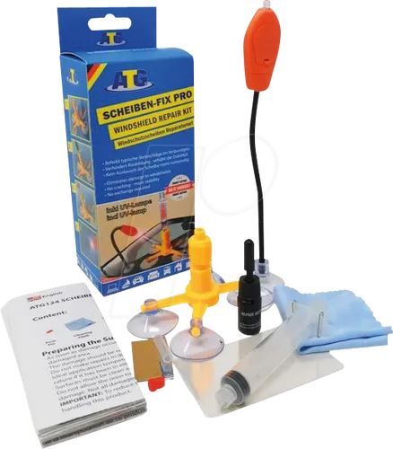 KFZ SR ATG124 - 19-teiliges Windschutzscheiben Reparatur-Set mit UV-Lampe - Praktisches Smart Repair Set für Glasscheiben. Reparieren Sie kleine Steinschläge schnell und kostengünstig, bevor sie sich zu Rissen entwickeln - für mehr Sicherheit auf der Straße.