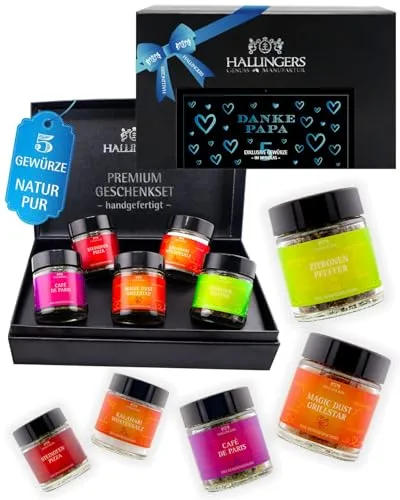 Hallingers Genuss Manufaktur Gewürze Geschenkset Vatertag – 5 Premium Gewürze zum Grillen & BBQ in edler Geschenkbox, Set "Danke Papa", liebevolle Geschenkidee für Männer & Papas, auch zu Weihnachten