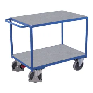 Variofit Schwerer Tischwagen mit 2 Zinkblechladeflächen - Transportroller mit 2 robusten Zinkblechladeflächen, ideal für hohe Traglasten bis 500 kg. Pulverbeschichtet in RAL 5010 und schlagfest - perfekt für den professionellen Einsatz.