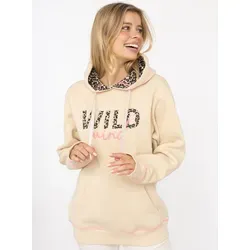 Hoodie ZWILLINGSHERZ "Wild Mind" Damen S/M Beige - Modischer Damen-Hoodie mit Leo-Stickerei und praktischer Kapuze. Angeraute Sweatware sorgt für hohen Tragekomfort. Hüftbedeckend, perfekt für lässige Outfits.