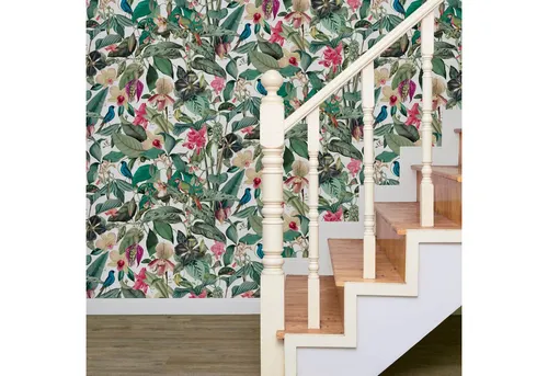 Marburg Vliestapete Topen Dschungel Floral Vögel Blätter Weiß Grün Rosa 81686 - Tapeten mit tropischem Motiv, ideal für eine harmonische Atmosphäre in deinem Zuhause. Setze elegante Akzente mit der hochwertigen Vliestapete 81686 aus der Kollektion Mona von Novamur.