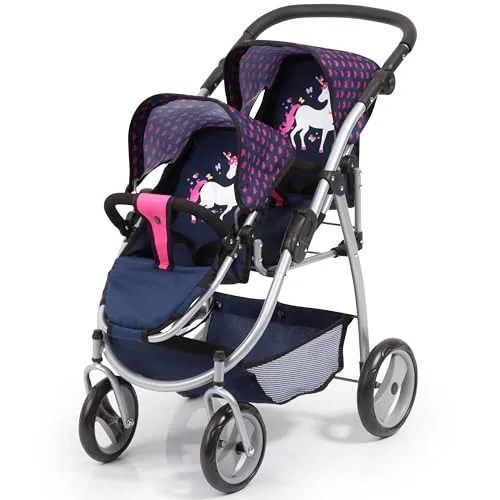 Bayer Design Zwillingspuppenwagen mit Einhorn Motiv - Stylischer Zwillingspuppenwagen für Puppen bis 46 cm, höhenverstellbarer Griff und zusammenklappbar für einfachen Transport. Ideal für kleine Puppenmamas!