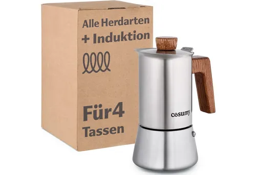 Cosumy Espressokocher Induktion - 4 Tassen Mokkakanne aus Edelstahl - Espressokocher für alle Herdarten, brüht 4 Tassen aromatischen Kaffee in Minuten, aus nachhaltigem Edelstahl und FSC Eichenholz, leicht zu reinigen und plastikfrei verpackt.
