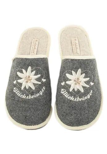 ADELHEID Glücksbringer Filzpantoffel - Pantoffeln mit zauberhafter Edelweiß Stickerei, handgefertigt aus italienischem Wollfilz für höchsten Tragekomfort und alpinen Charme. Nachhaltig durch 35% Woll-Recyclingfasern – ideal für gemütliche Abende!