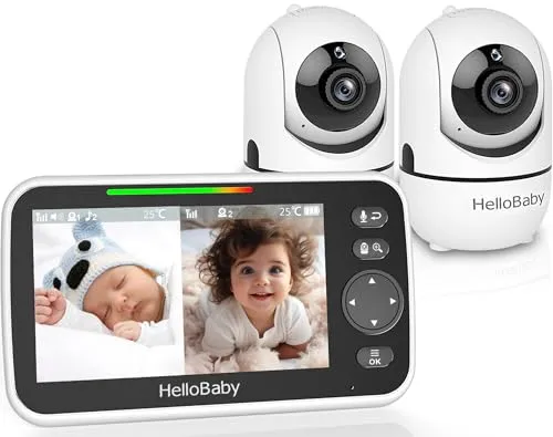 HelloBaby Babyphone mit 2 Kameras und 5" Bildschirm - Erleben Sie den Komfort eines 5-Zoll-Bildschirms mit 355°/120° schwenkbarer Kamera. Ideal für die Überwachung von zwei Babys gleichzeitig. Inklusive Nachtsicht und bidirektionalem Audio für optimale Sicherheit.