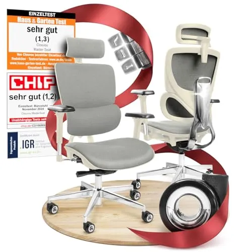 CLOUVOU MasterSeat Bürostuhl Ergonomisch – Creme-Weiß - Bürostuhl mit erstklassiger Ergonomie, Hartmetall und QuantumFlex für maximalen Komfort und Rückenschonung, ideal für lange Arbeitstage.