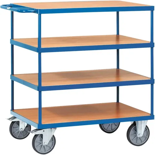 Fetra Tischwagen 2440 - Robuster Metall- und Holzwagen mit 4 Etagen - Tischwagen aus Metall und Holz mit 4 Etagen, Tragkraft 500 kg. Ideal für Lager und Werkstätten, ausgestattet mit hochwertigen TPE-Rollen für einfache Mobilität.