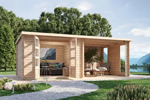 KONIFERA Gartenhaus Supiori 578x332 cm inkl. Anbaudach - Praktisches Gartenhaus aus nordischer Fichte mit einfacher Montage dank vorgefertigter Schraublöcher. Das Pultdach schützt optimal vor Witterung, während die stabile Tür und Lichtausschnitte für Sicherheit und Helligkeit sorgen.