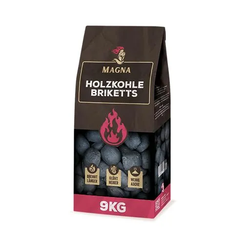 Magna Premium Holzkohlebriketts - 9 KG - Hochwertige Grillbriketts für unvergessliche BBQ-Momente - Erleben Sie mit unseren Premium Holzkohlebriketts eine lang anhaltende Glut von bis zu 3 Stunden. Ideal für alle Grillarten und ein sicheres Anzünden garantiert. Genießen Sie perfekte Grillergebnisse!