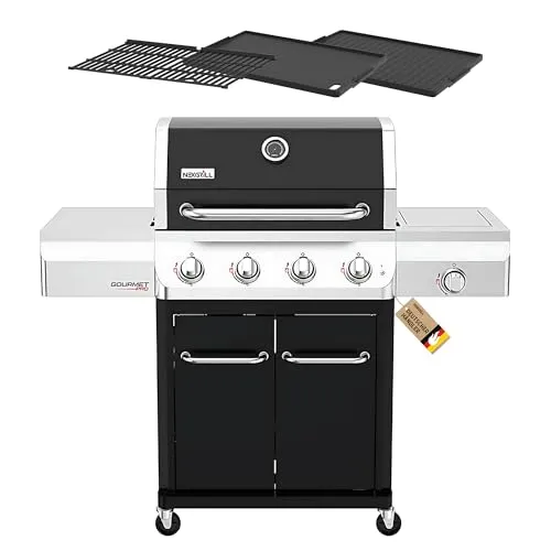 Nexgrill Gasgrill 4B Gourmet Pro - Standgrill mit 4 Edelstahlbrennern und 16,5 kW Leistung, ideal für gleichmäßige Hitzeverteilung und perfekte Grillspuren. Inklusive Seitenkochfeld und Gusseisen Plancha für vielseitiges Grillvergnügen.