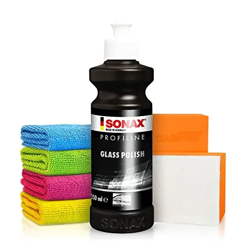 Autopolitur Set: Sonax Profiline GlassPolish Glaspolitur (250ml) - Zum Entfernen von leichten Verkratzungen, Vermattungen und Verätzungen aus Echtglas - Auto polieren, Scheiben polieren | 6-teilig