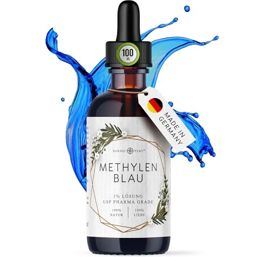 Nordic Pure Methylenblau 100ml - Hochreine Lösung - Hochreine 1% Methylenblau-Lösung in 100ml Flasche mit Pipette. Laborgeprüft und in Deutschland hergestellt, ideal für den professionellen Einsatz. Frei von Schwermetallen und formaldehydfrei.