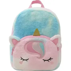 Kinderrucksack Einhorn Regenbogen Mädchen, flauschiger Rucksack Kinder Plüsch, Freizeitrucksack Kindergarten Kita mit Vordertasche