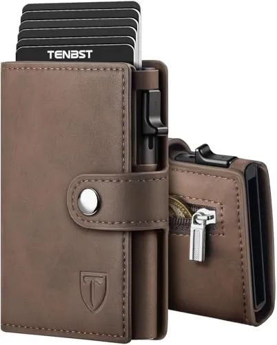 TENBST Slim Wallet mit Münzfach, Geldbörse Herren RFID Schutz, Kunstleder Portmonee Herren, Automatisches Pop-up-Kreditkartenetui, Geschenke zum Vatertag - Braun