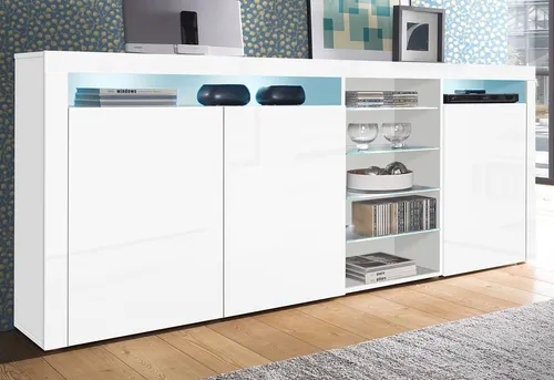 Highboard "Santa Fe" - 200 cm in Weiß Hochglanz - Highboard in zeitloser Rahmenoptik, bietet viel Stauraum und eine moderne Push-to-Open-Funktion. Ideal für Wohnzimmer, Schlafzimmer oder Eingangsbereich.