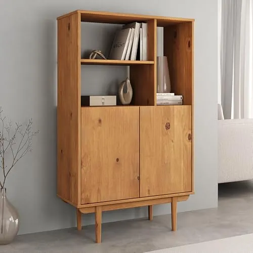 IDIMEX Highboard Simona – Retro Massivholz Kommode mit offenem Regal - Hochschränke fürs Wohnzimmer mit 3 offenen Fächern, 2 Türen und Push-to-open-Funktion für bequemes Öffnen – ideal für stilvolle Aufbewahrung und Dekoration.