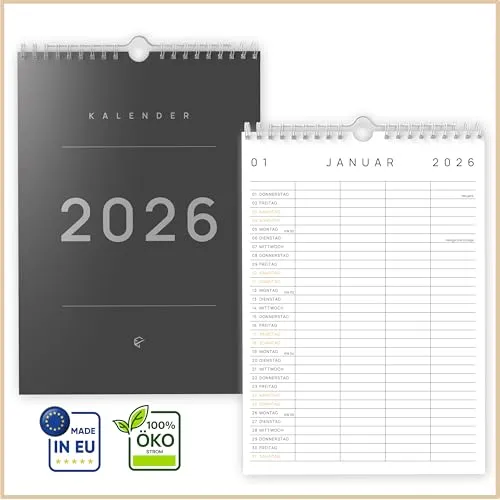 UNITURE® DIN A4 Familienplaner 2026 (15 Monate – bis Dez 2026) | 4 Spalten | Oktober Start | nachhaltig & schmierfrei