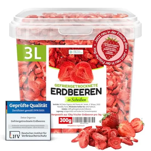 Detox Organica Gefriergetrocknete Erdbeeren 300g - 100% natürliche Trockenfrüchte - Entdecken Sie unsere gefriergetrockneten Erdbeeren, ideal für Joghurt, Smoothies oder als Snack. Handverlesen und schonend verarbeitet, bieten sie vollen Geschmack und höchste Qualität in praktischen Standbeuteln.