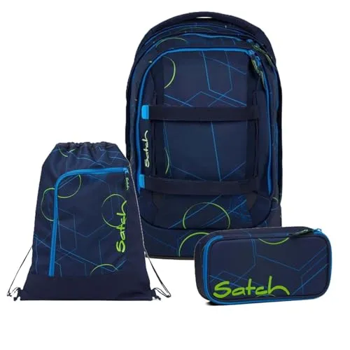 Satch Schulranzen Schulrucksack-Set PACK Blue Tech 3-teilig - Schulranzen, ergonomisch und mit Your-Size-System für individuelle Anpassung an die Körpergröße, ideal für den täglichen Schulgebrauch.
