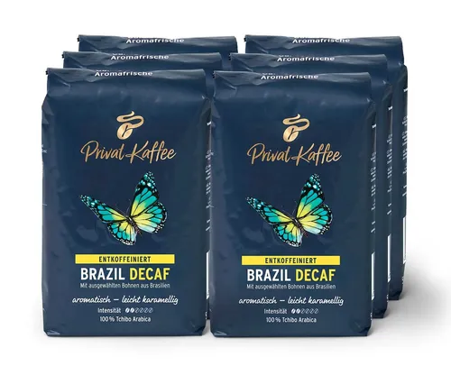 Tchibo Privat Kaffee Brazil Decaf - 6 x 500 g Ganze Bohne - Genießen Sie den mild-aromatischen Geschmack Brasiliens ohne Koffein! 100% Arabica-Bohnen, ideal für den täglichen Genuss. Verpackt unter Schutzatmosphäre für optimale Frische.