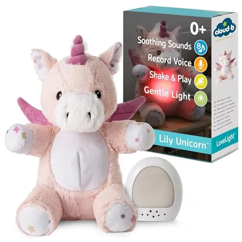 Cloud.b LoveLight™ Buddies - Lily das Einhorn - Baby Einschlafhilfe mit beruhigenden Klängen, Sprachaufnahme und sanftem Licht für eine entspannte Schlafenszeit.