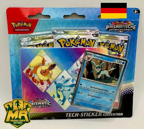 Pokémon Prismatische Entwicklungen Tech-Sticker Kollektion Glaziola - Deutsch - TCG OVP Displays, featuring den beliebten Charakter Glaziola aus der Prismatischen Entwicklungen Edition, ideal für Sammler und Pokémon-Fans ab 6 Jahren.