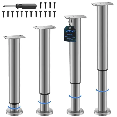 VETIN 4 Stück verstellbare Möbelfüße aus Edelstahl - Praktische Möbelfüße (20-37 cm) für individuelle Höhenanpassung, ideal für unebene Böden. Robuste Konstruktion mit rutschfester Gummiauflage für optimalen Halt und Schutz des Bodens.