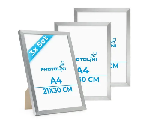PHOTOLINI Bilderrahmen 3er Set modern mit bruchsicherem Acrylglas - Elegantes 3er Set A4 Bilderrahmen in Silber. Ideal für Fotos und Poster, gefertigt aus robustem MDF mit bruchsicherem Acrylglas. Perfekt zum Aufhängen oder Aufstellen.