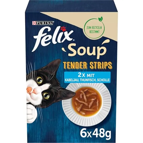 Felix Soup Tender Strips Suppe für Katzen, Fisch Sorten-Mix, 1 Packung (6 x 48g)