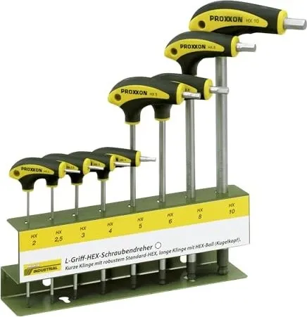 Proxxon Sechskantschlüssel L-Griff HX 22650, 8-teilig - Schraubendreher-Set mit ergonomischem T-Griff und Kugelkopf, ideal für schwer zugängliche Schrauben. Hochwertiger Spezialstahl für maximale Langlebigkeit und Präzision.
